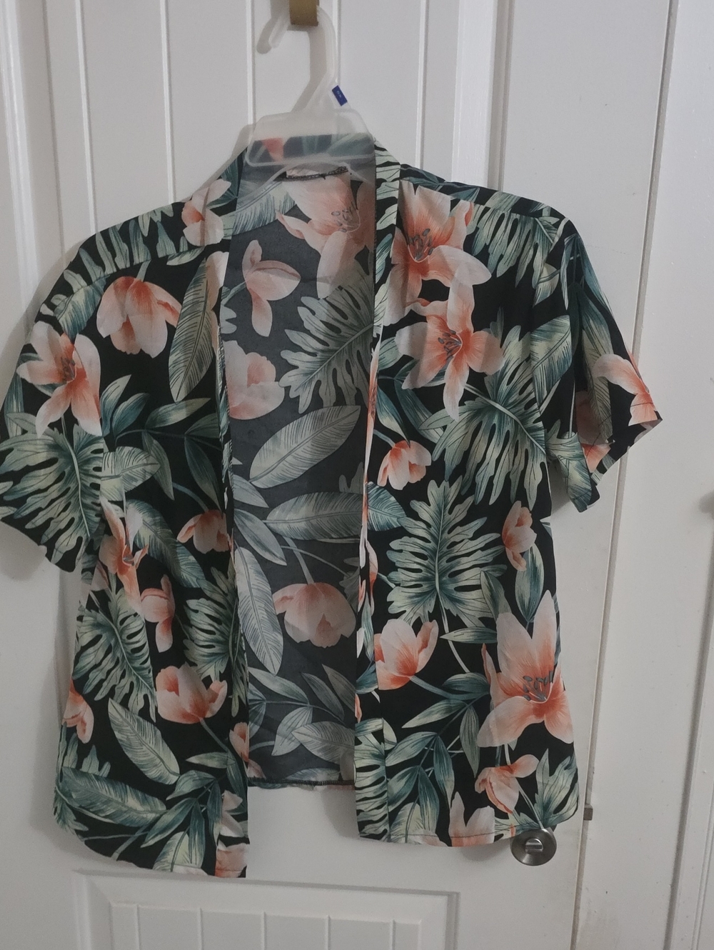 Floral Open-Front Women's Top - Black with Peach & Green Print